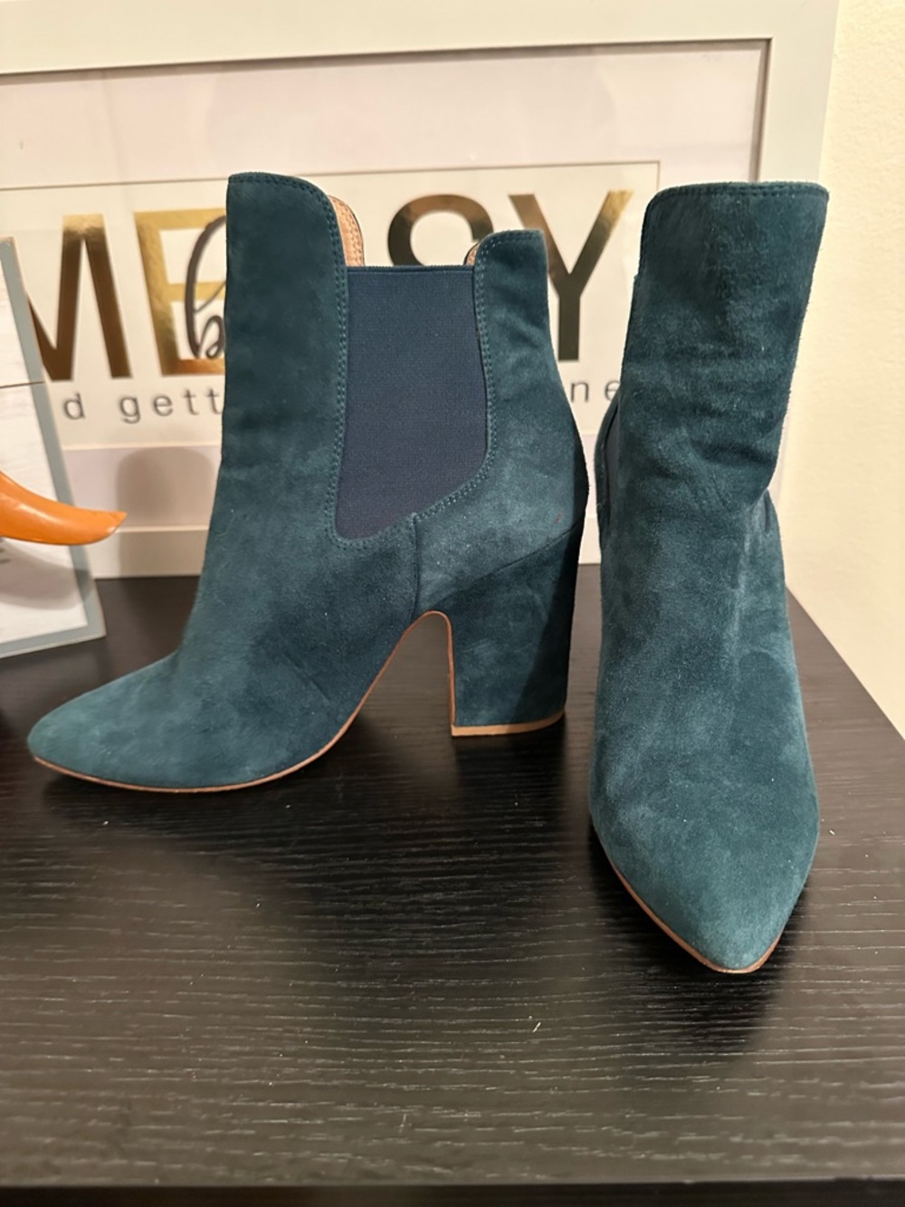 Chinese Laundry Teal Suede Block Heel Ankle Boots